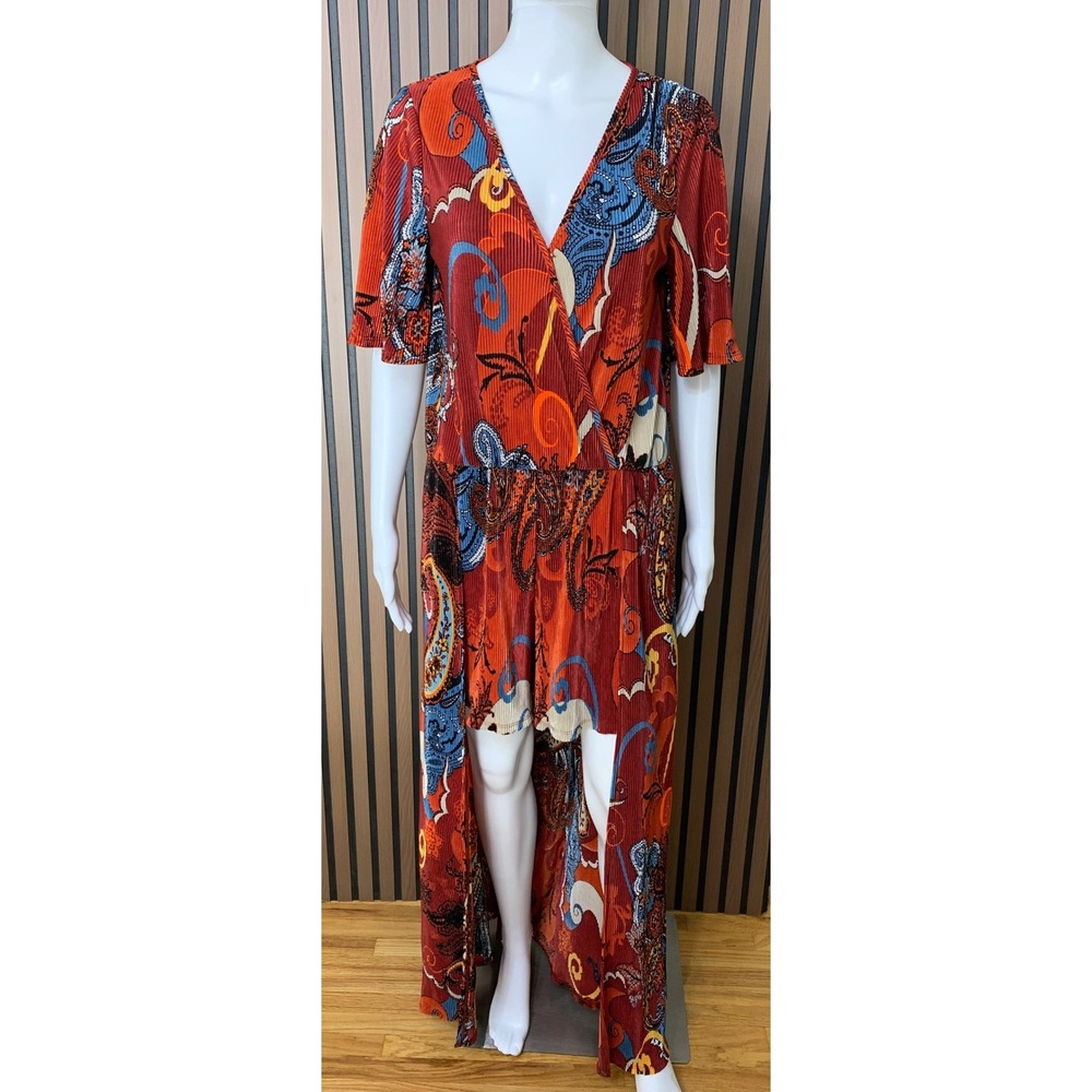 Wrangler Paisley Pleated Maxi Dress Rust Orange High Low Boho M Western